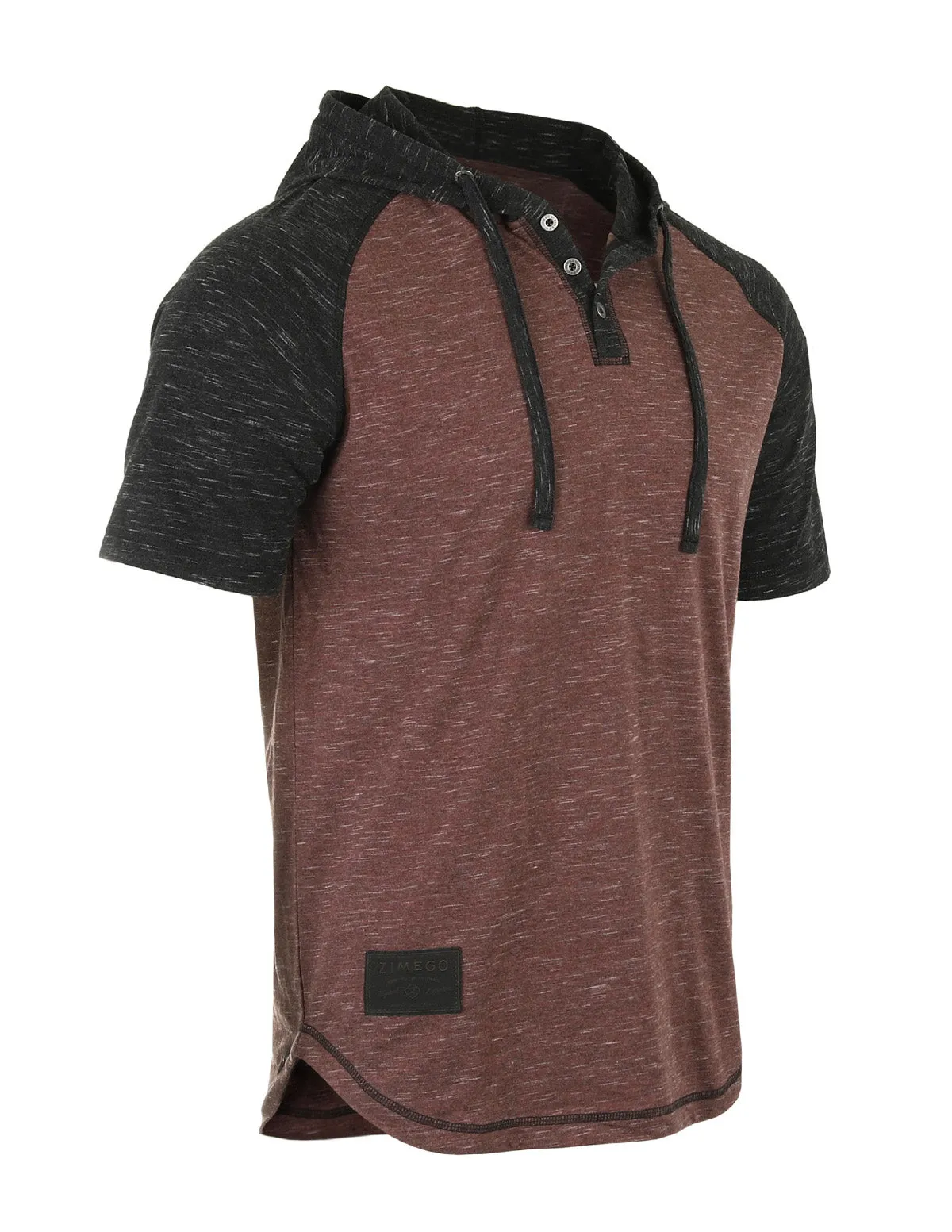 Short Sleeve Raglan Henley Hoodie Round Bottom Semi Longline T-Shirt