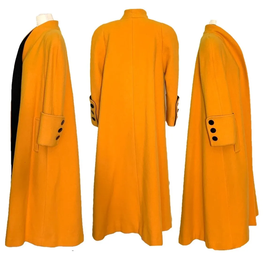 1980s Yellow Wool Coat by Ilie Wacs. Bold and Oversized with Black Collar and Button Accents.