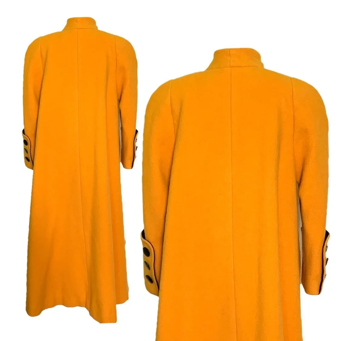 1980s Yellow Wool Coat by Ilie Wacs. Bold and Oversized with Black Collar and Button Accents.