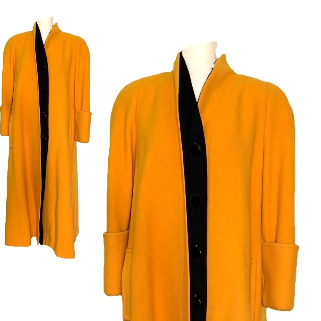 1980s Yellow Wool Coat by Ilie Wacs. Bold and Oversized with Black Collar and Button Accents.