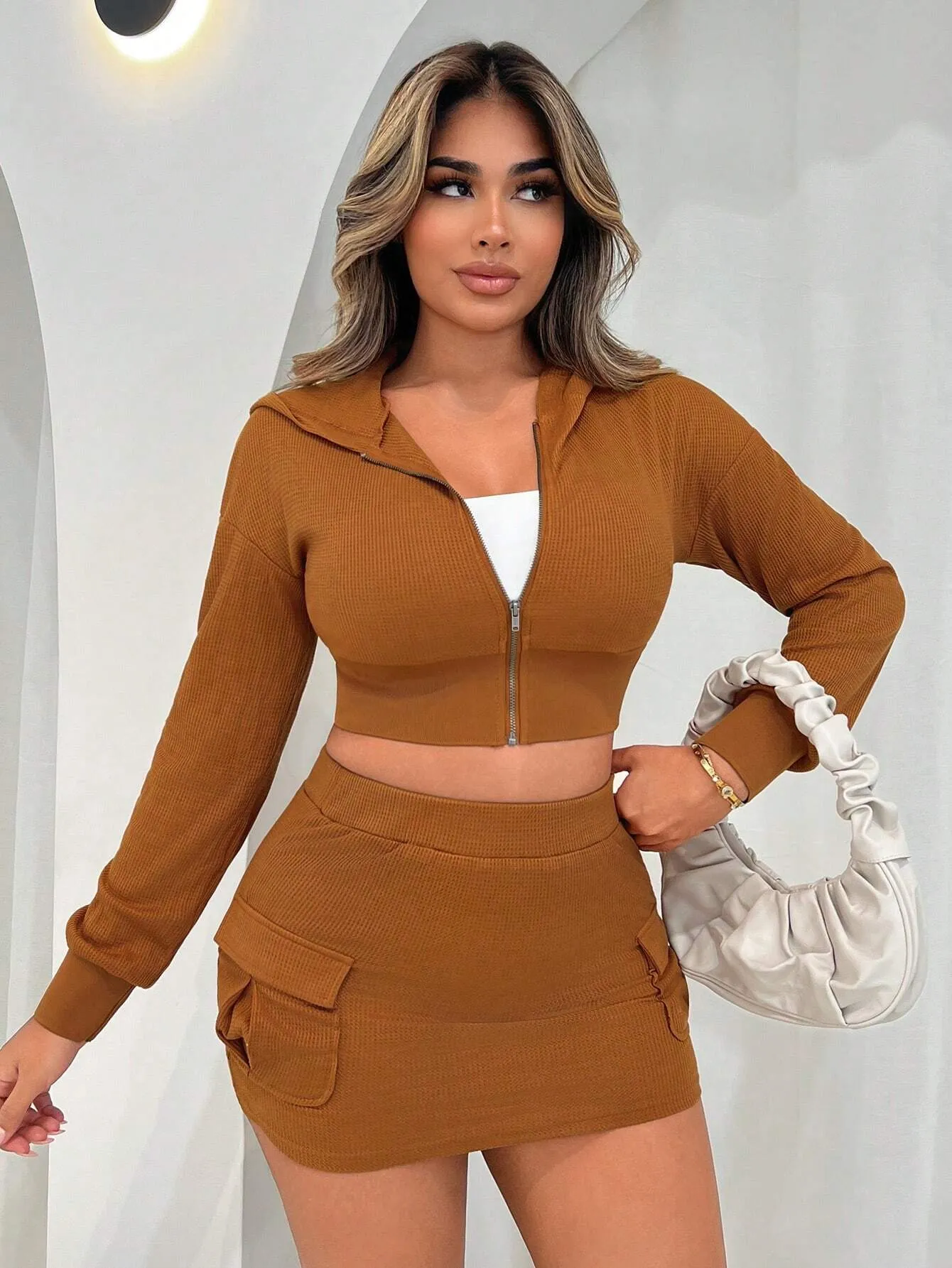 2pcs Women Solid Color Zip Front Hooded Sweatshirt And Mini Skirt Set, Spring/Autumn, Fall Two Piece Outfit