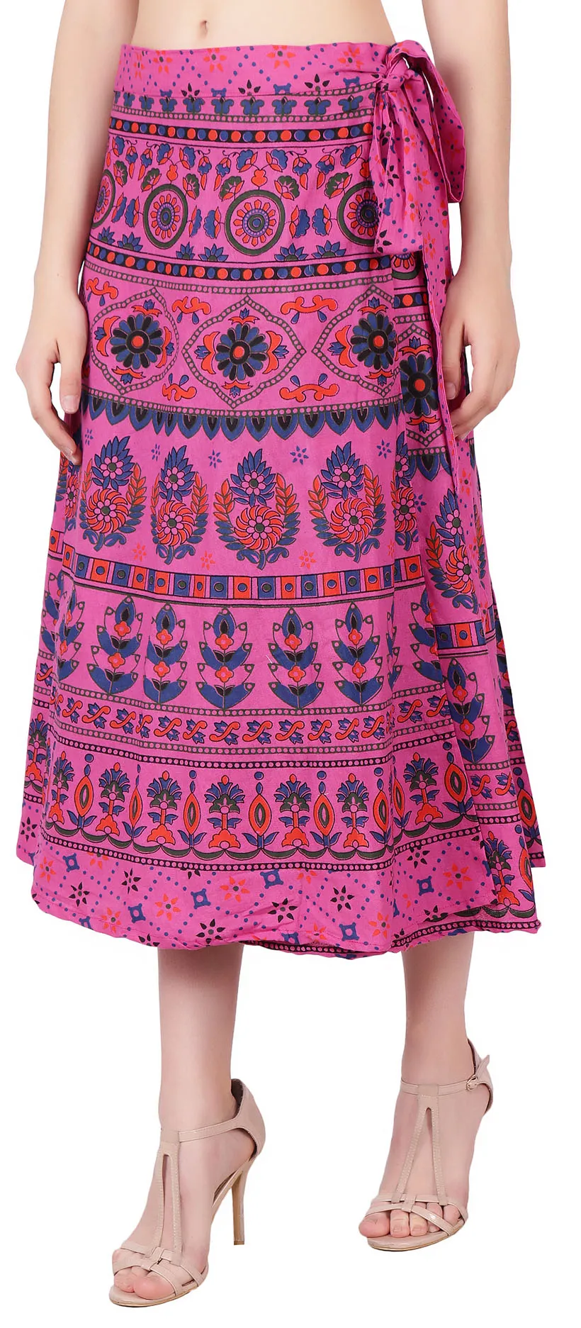 Cotton Printed Wrap Around Skirt Women's India Clothes (Pink, One Size)