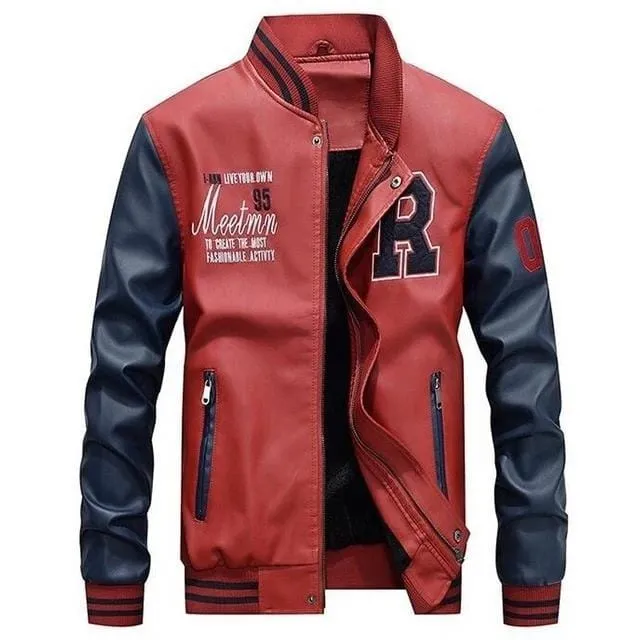 Men Baseball Jacket Embroidered Leather Red