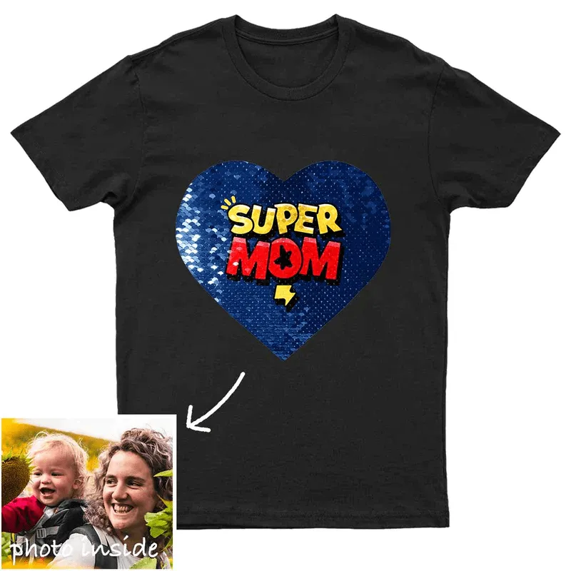 Custom Photo DIY Heart Flip Sequin T-shirt Super Mom Unisex Shirt Cotton Sequin Tee Mother's Day Gifts