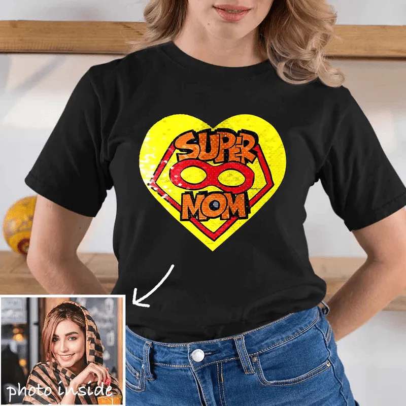 Custom Photo DIY Heart Flip Sequin T-shirt Super Mom Unisex Shirt Cotton Sequin Tee Mother's Day Gifts