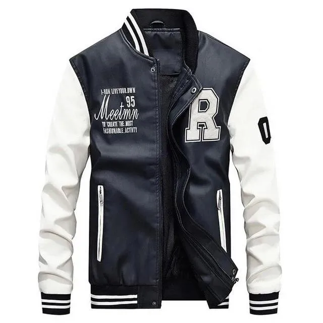 Men Baseball Jacket Embroidered Leather