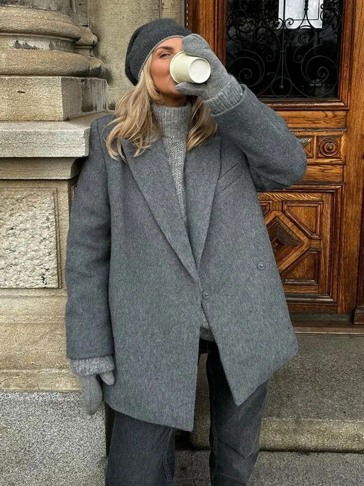 Thicken Woolen Blazer Jacket Women Turn-down Collar Long Sleeve Warm Female Coat 2023