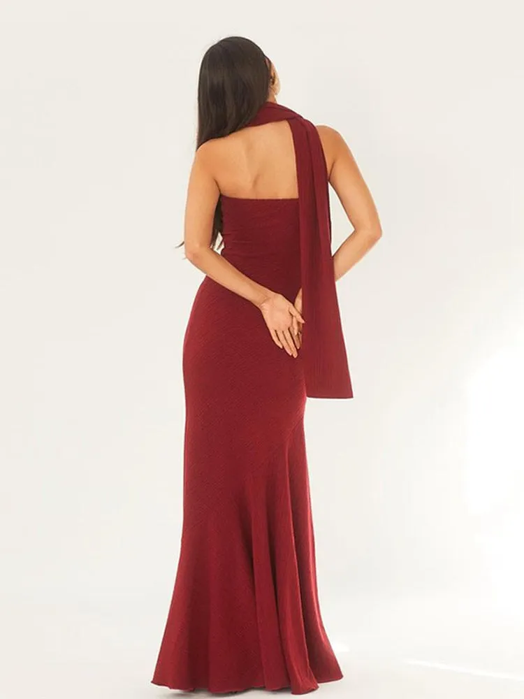 Ashore Shop Red Knitted Strapless Midi Dress With Scarf Sexy