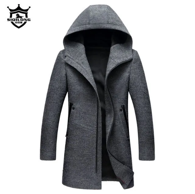 Autumn Winter British style men's wool coat New design Zipper Long trench coat Brand Clothing Top quality hooded woolen coat men