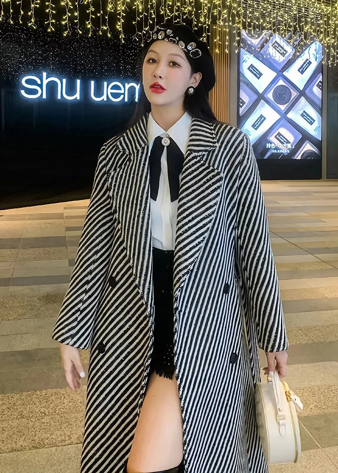 Callie Striped Twill Double Breasted Wool Blend Coat