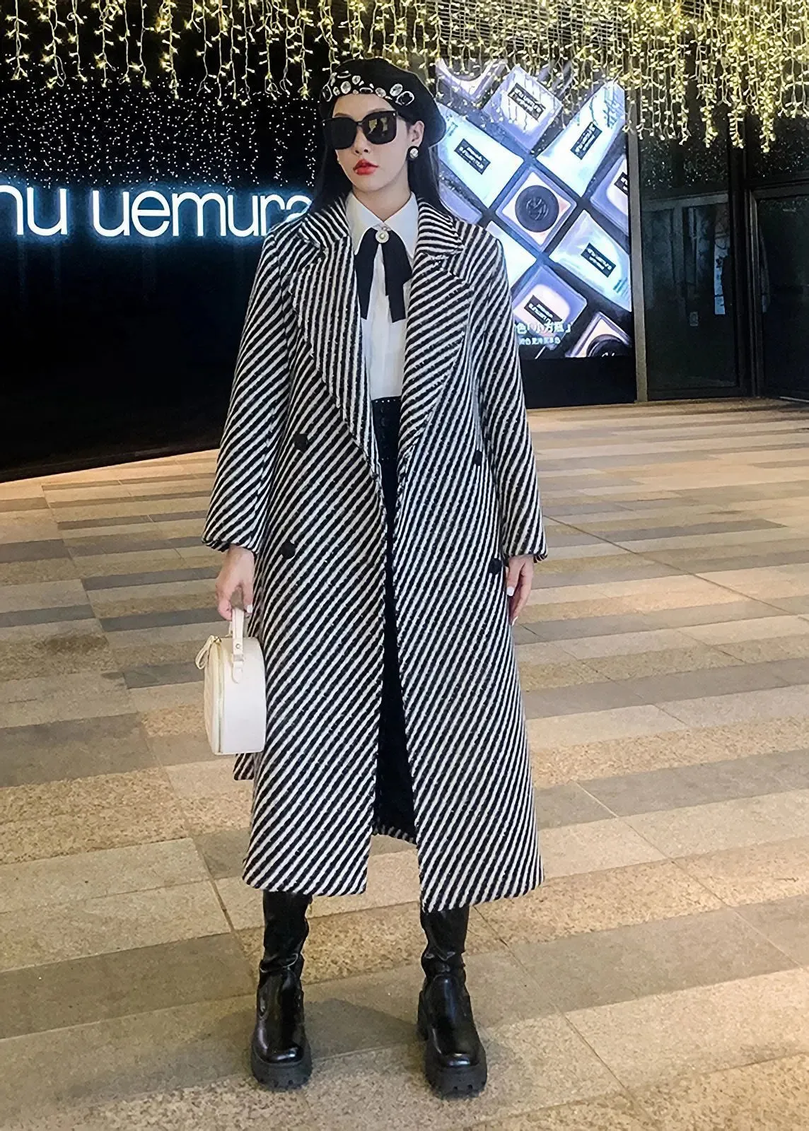 Callie Striped Twill Double Breasted Wool Blend Coat