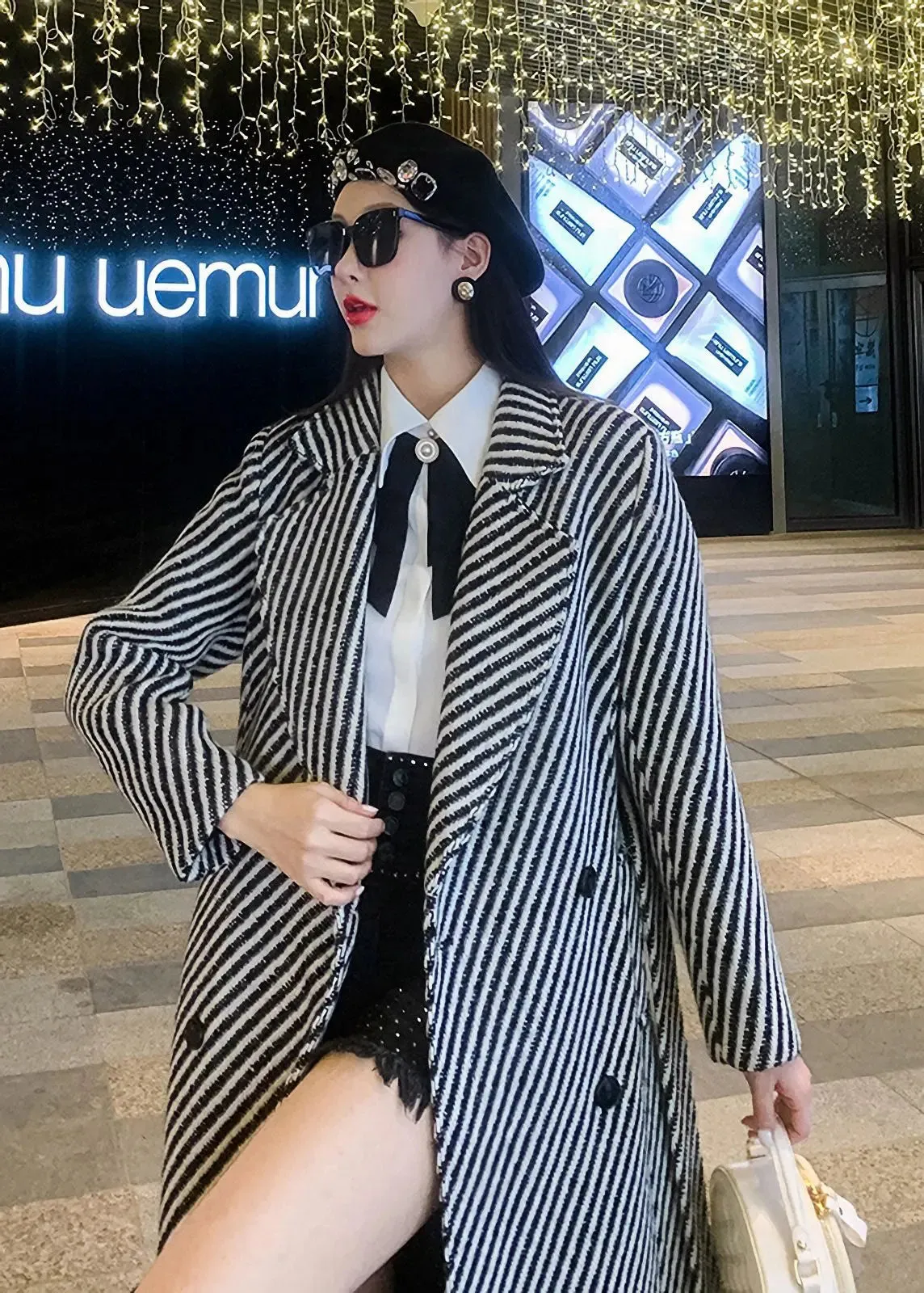 Callie Striped Twill Double Breasted Wool Blend Coat