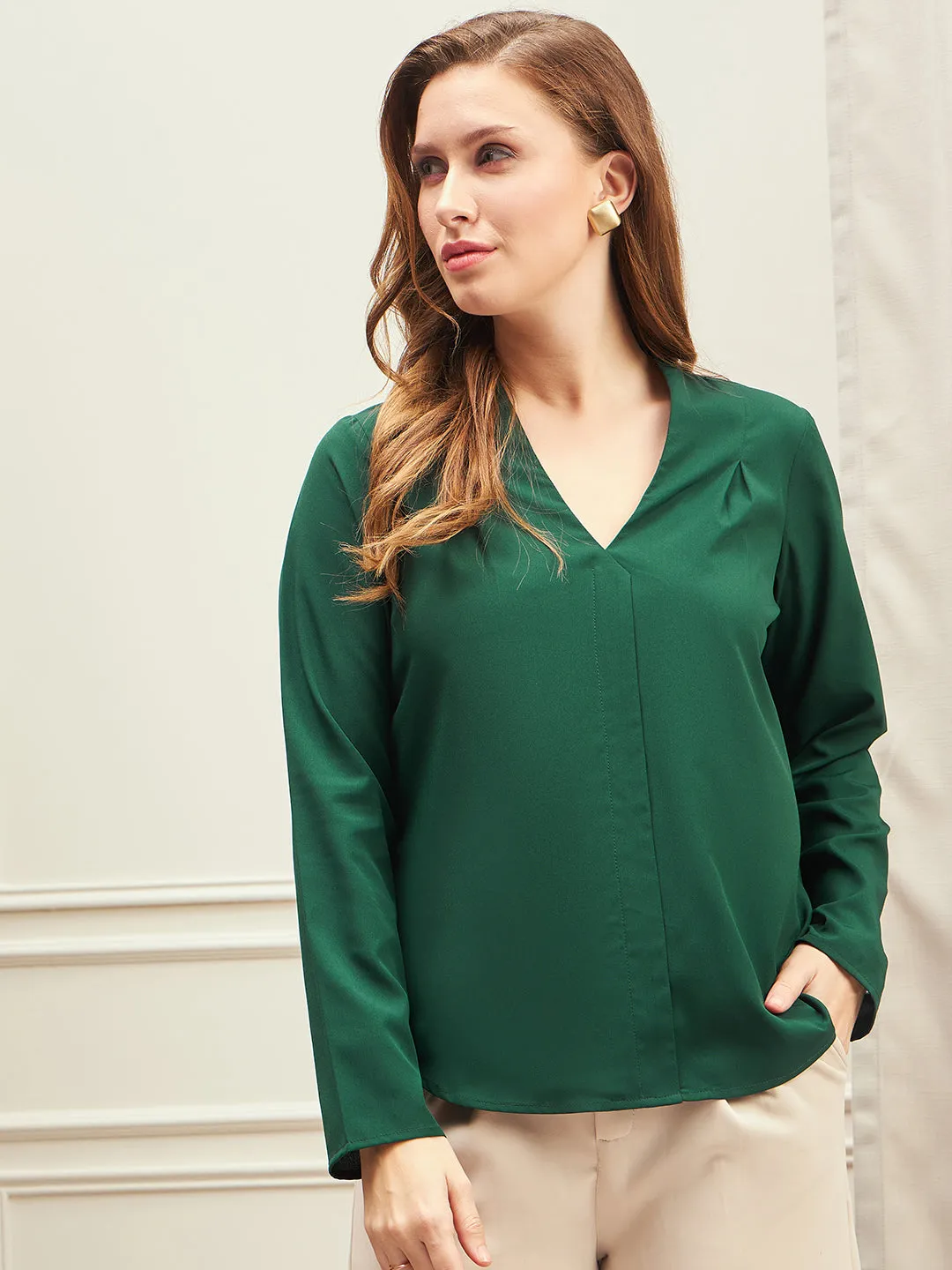 Berrylush BIZwear Women Solid Green Spread Collar Neck Button-Up Straight Hem Pleated Regular Top