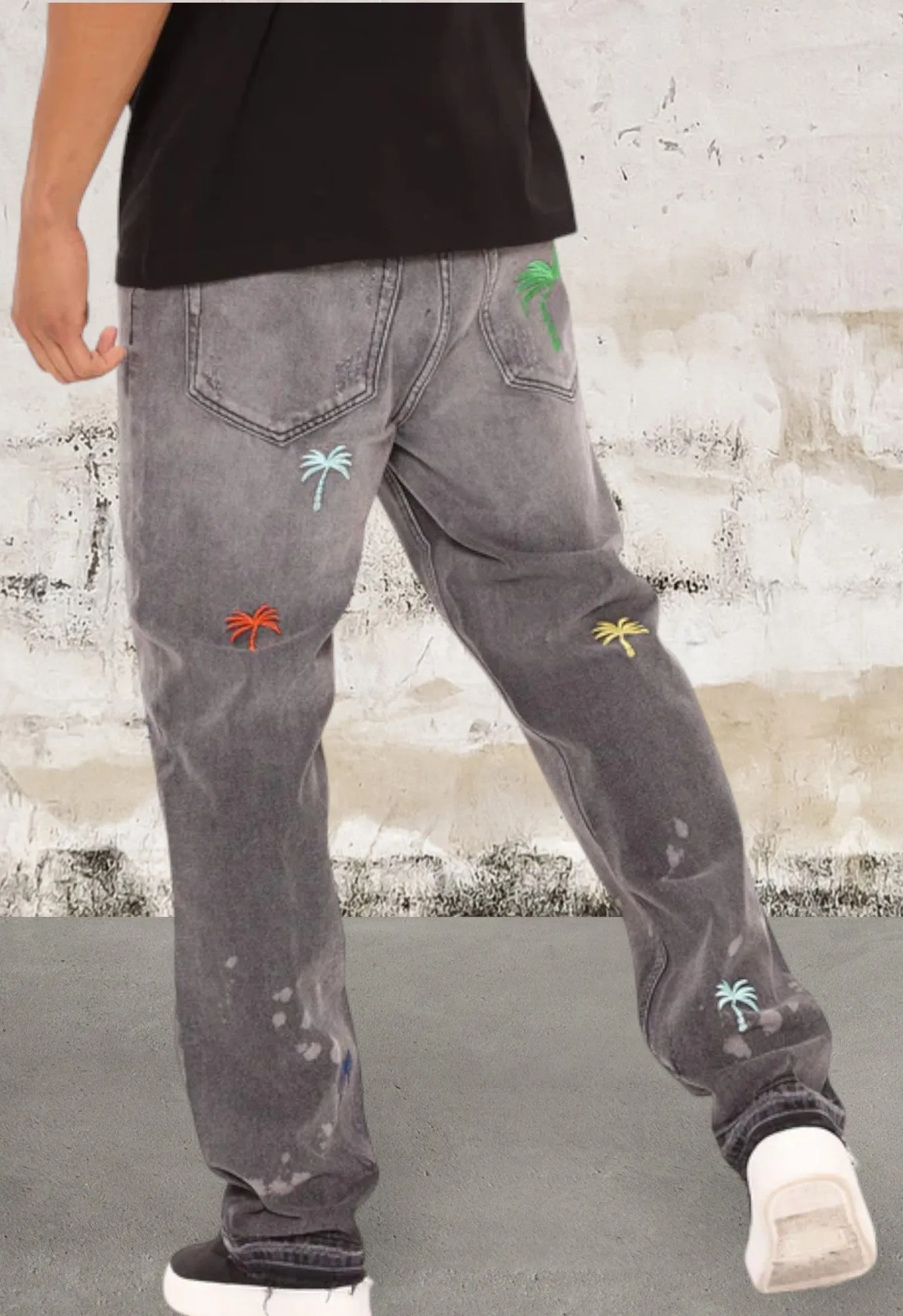 Men Straight Leg Palm Trees 5 Pocket Jeans