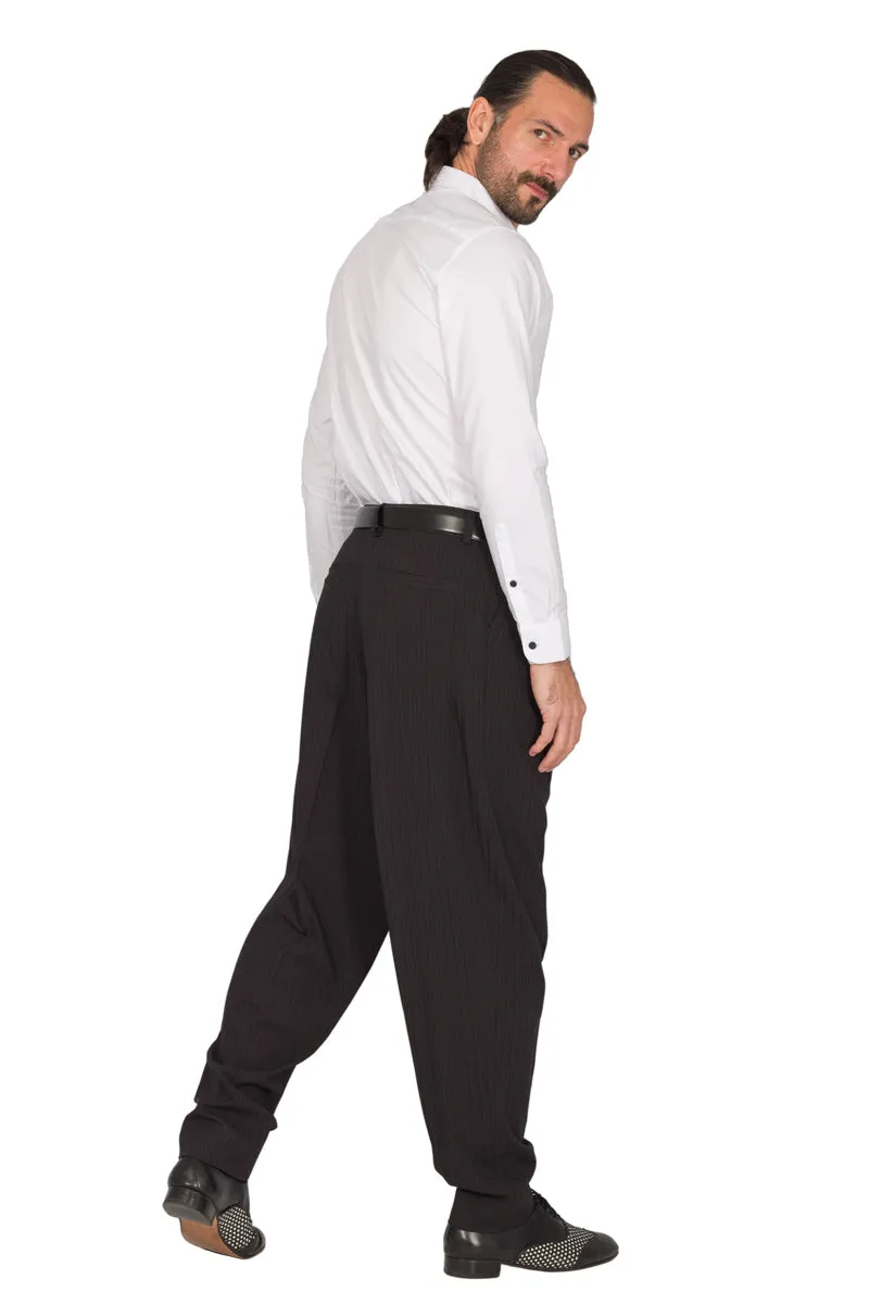 Tapered Black Thin Striped Tango Pants With Two Inverted Pleats (44)