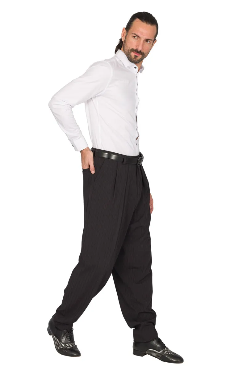 Tapered Black Thin Striped Tango Pants With Two Inverted Pleats (44)