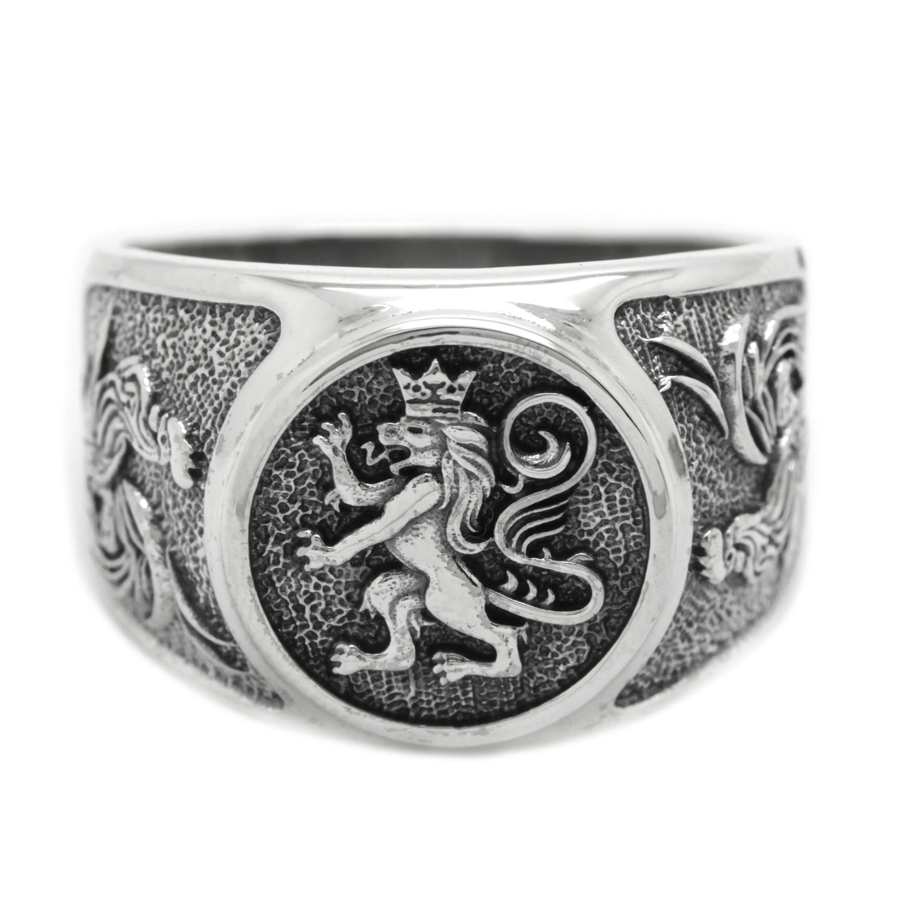 Lion and Roosters, Coat of Arms Signet, Silver 925 Mens Ring SKU: 700910