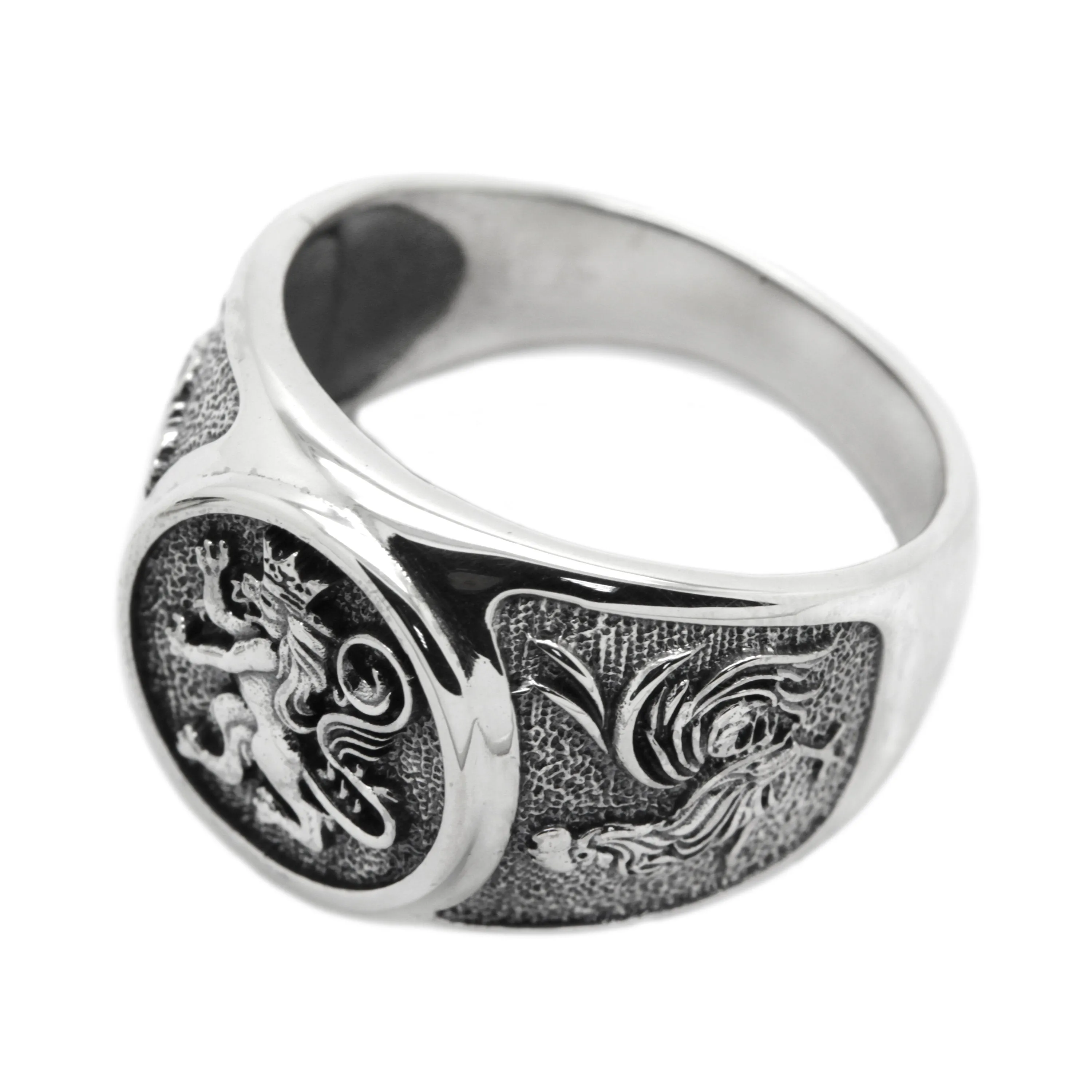 Lion and Roosters, Coat of Arms Signet, Silver 925 Mens Ring SKU: 700910