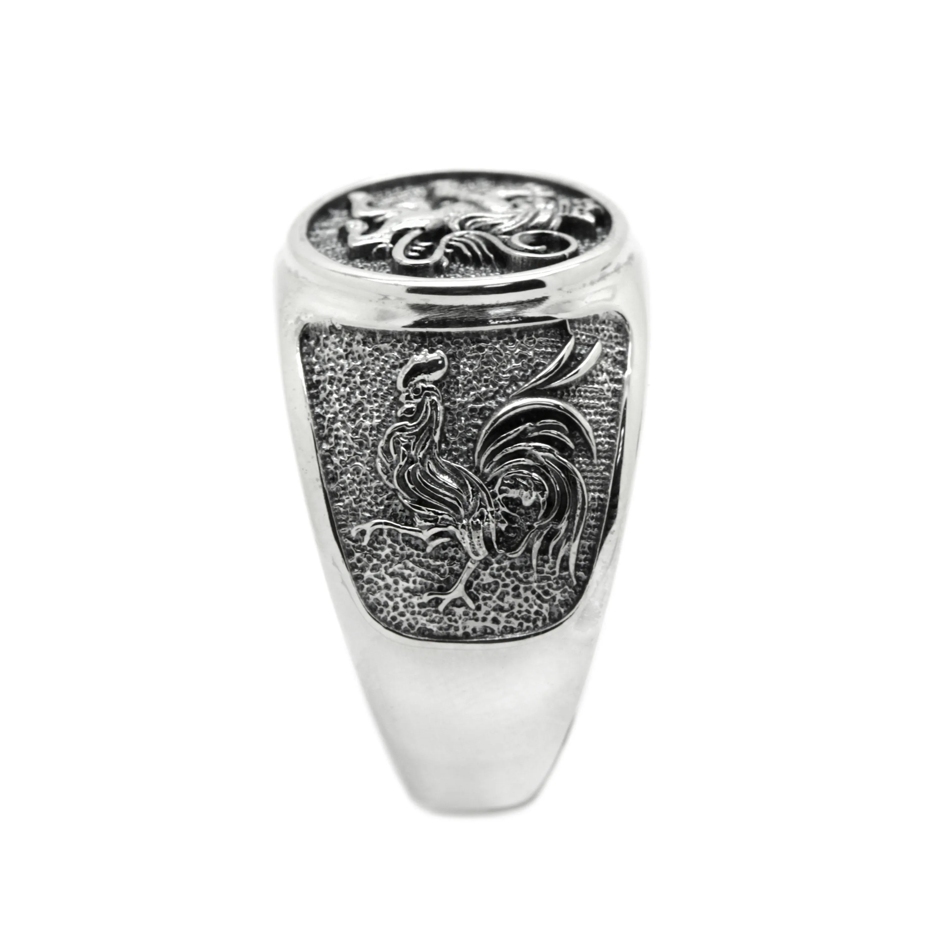 Lion and Roosters, Coat of Arms Signet, Silver 925 Mens Ring SKU: 700910