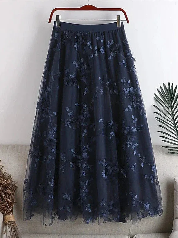 Floral Embroidered Maxi Skirt for Women - One-Size Elegant and Versatile Midi Skirt