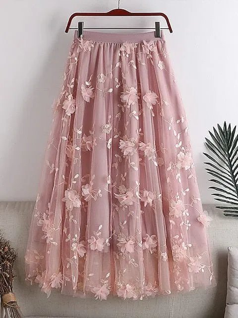 Floral Embroidered Maxi Skirt for Women - One-Size Elegant and Versatile Midi Skirt