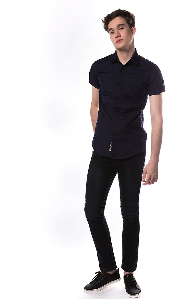 33892 Roll Up Sleeves Side Pocket Navy Blue Shirt