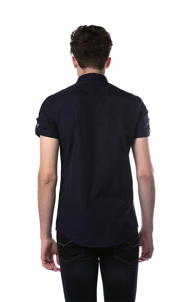 33892 Roll Up Sleeves Side Pocket Navy Blue Shirt