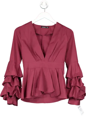 boohoo Red Tiered Ruffle Sleeve V Neck Top UK 6