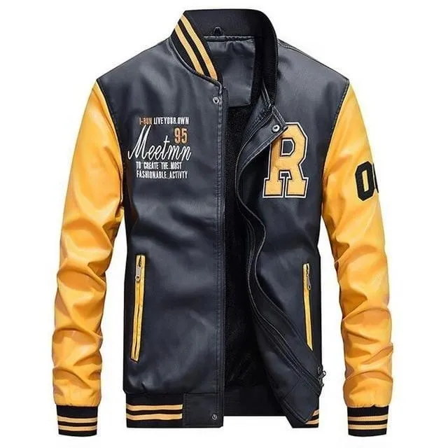 Men Baseball Jacket Embroidered Leather Yellow