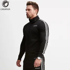 Brand Running Jacket Men Sports Fitness Long Sleeves Hooded Sweatshirts Striped Zipper Hoodies Men Gym Training Run Coat Jackets