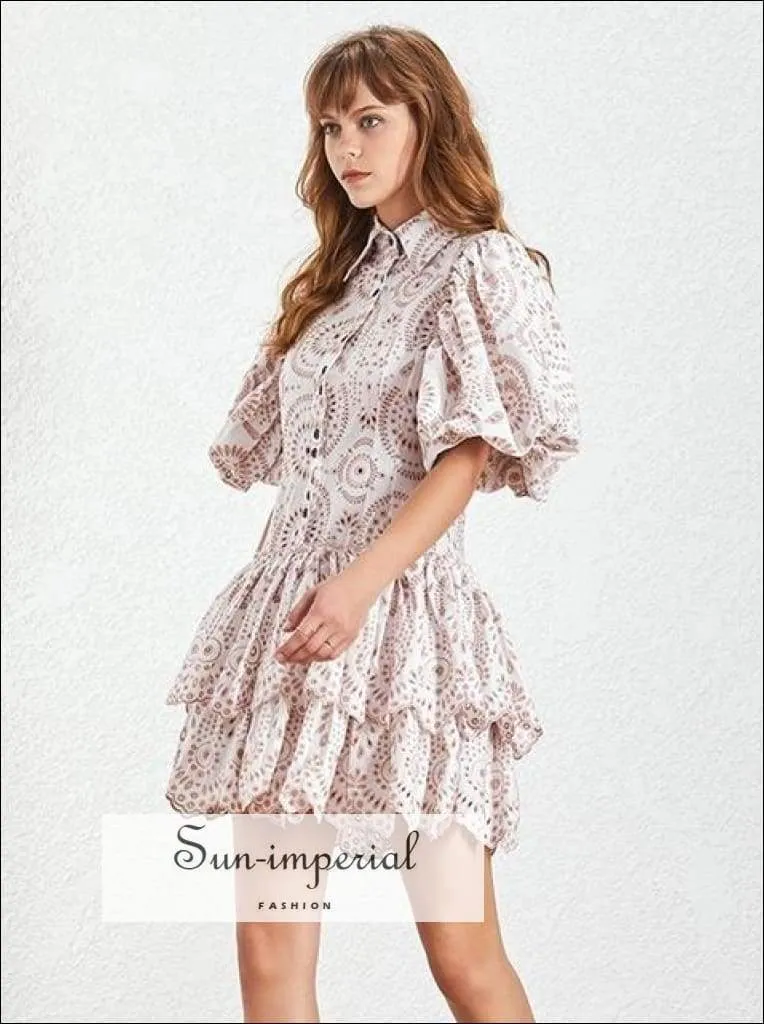 Brianna Dress - Casual Print Dress Women Lapel Puff Sleeve High Waist Lace Pleated Hem Dress