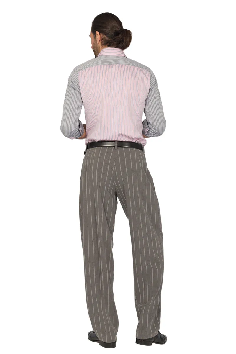 Light Grey Striped Tango Pants With Four Pleats