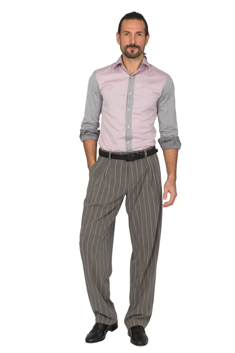 Light Grey Striped Tango Pants With Four Pleats