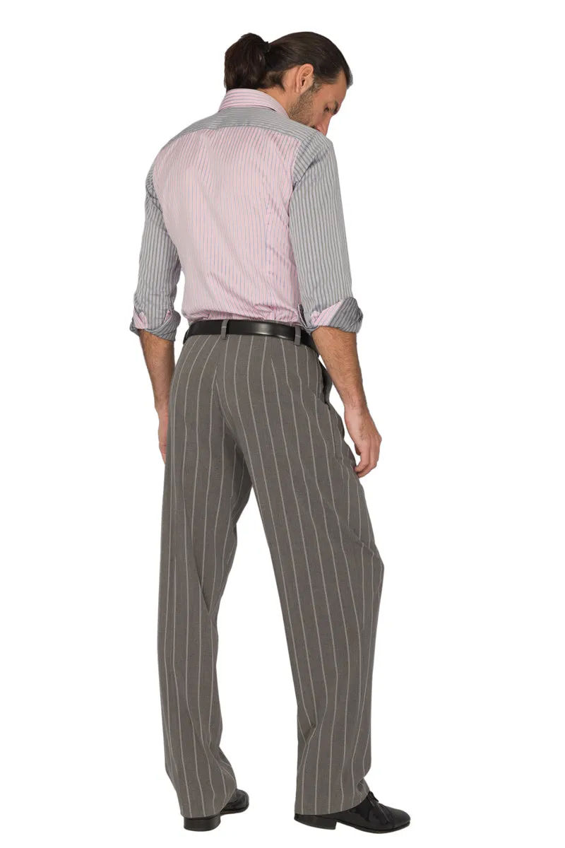 Light Grey Striped Tango Pants With Four Pleats