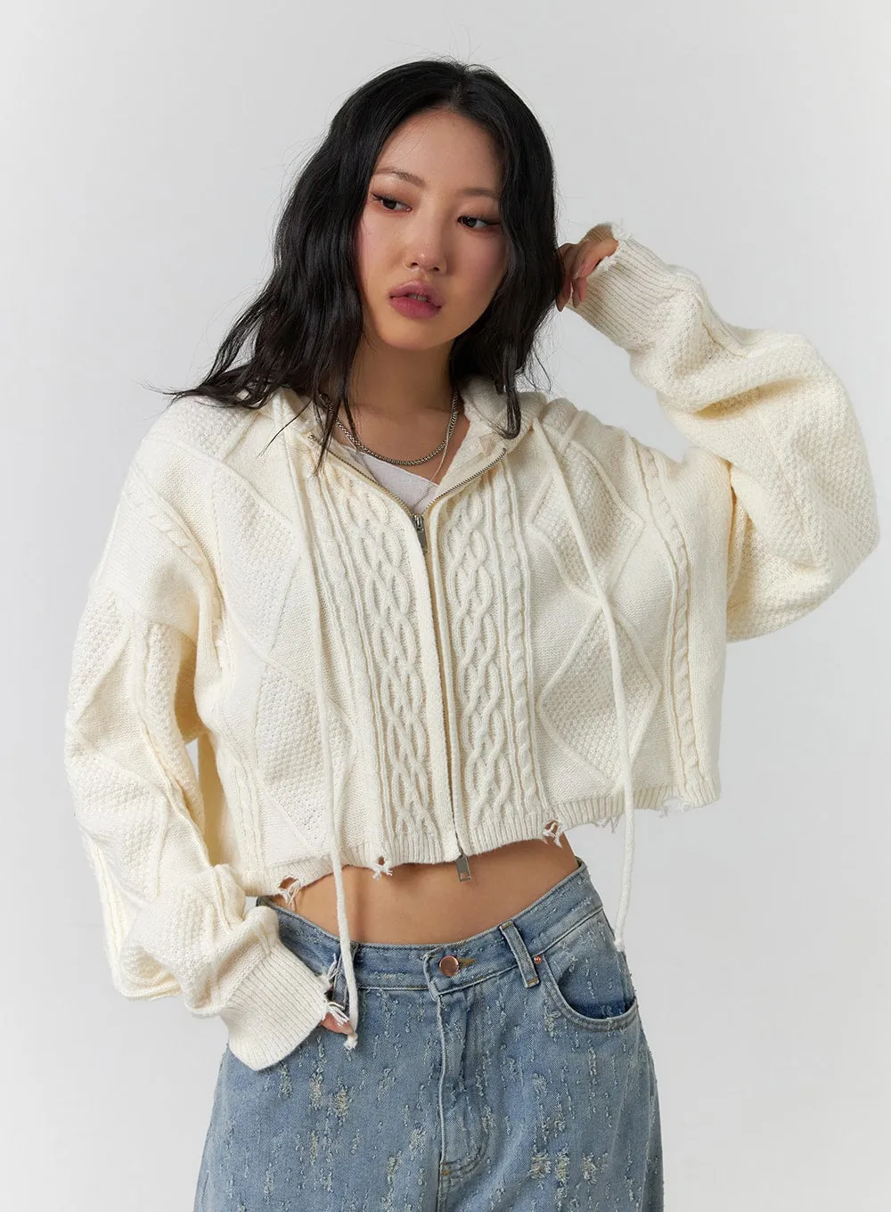 Cable Knit Zippered Hooded Crop Cardigan CF401