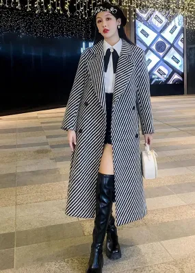 Callie Striped Twill Double Breasted Wool Blend Coat