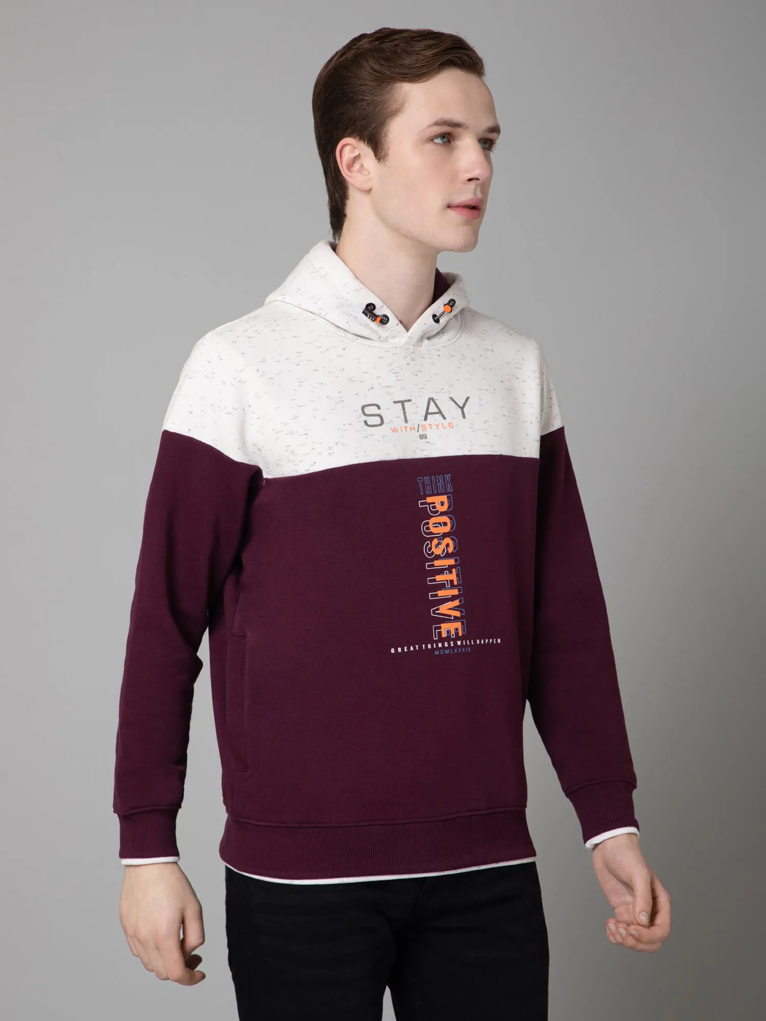 Cantabil Color Block  Wine Full Sleeves Hooded Neck Regular Fit Casual Sweatshirt for Men