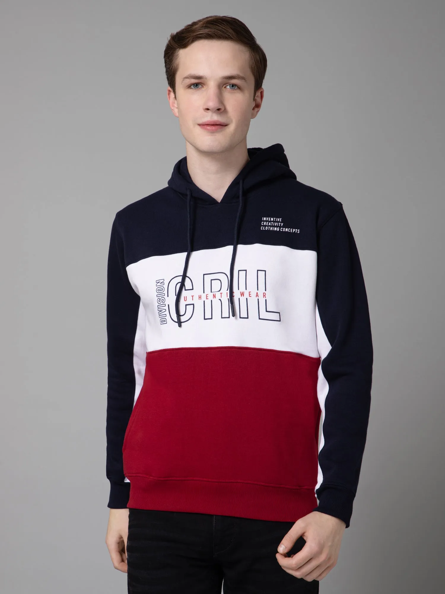 Cantabil Color-Blocked  Red Full Sleeves Hooded Neck Regular Fit Casual Sweatshirt for Men