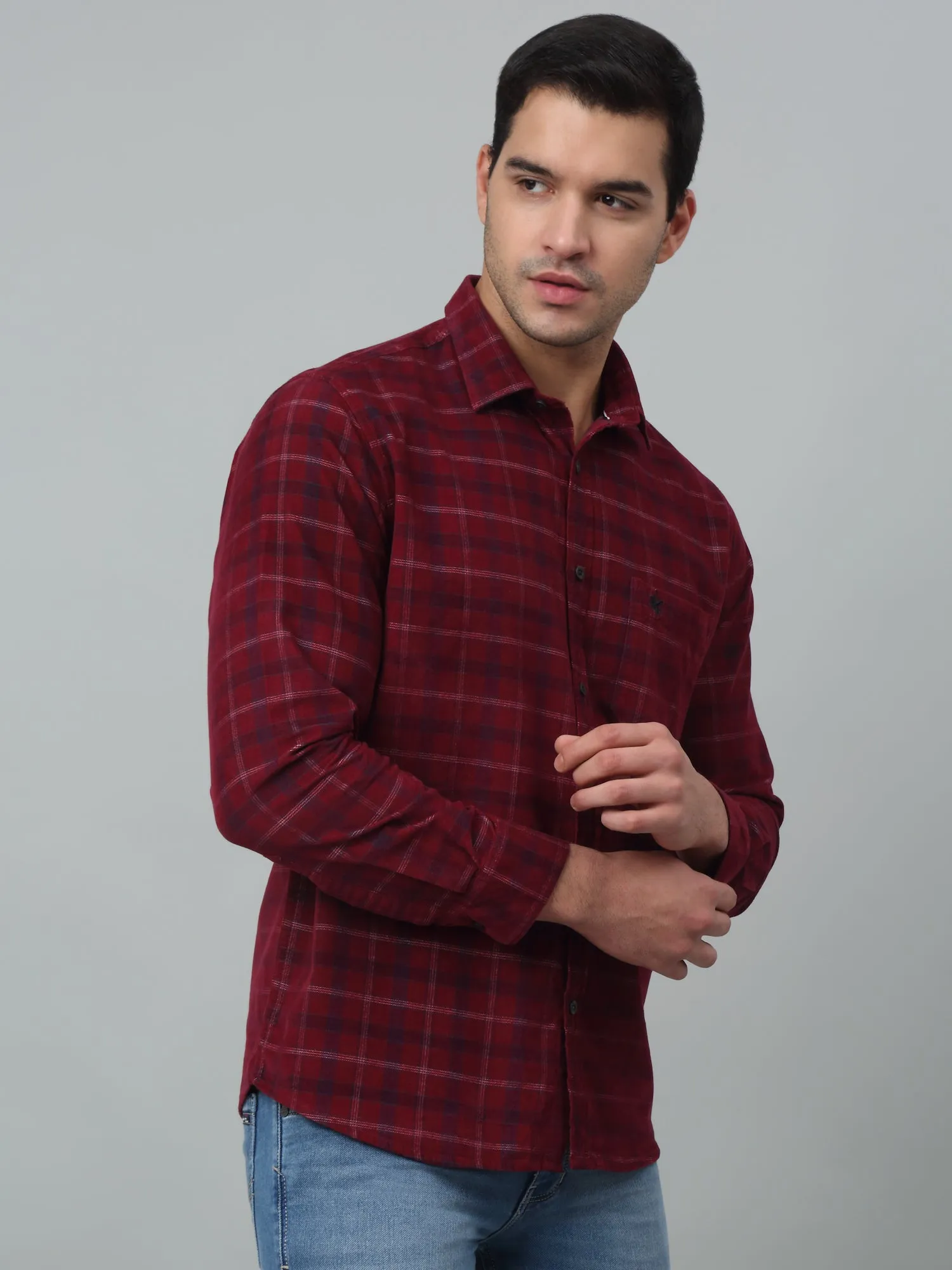 Cantabil Corduroy Red Checkered Full Sleeve Regular Fit Casual Shirt for Men with Pocket