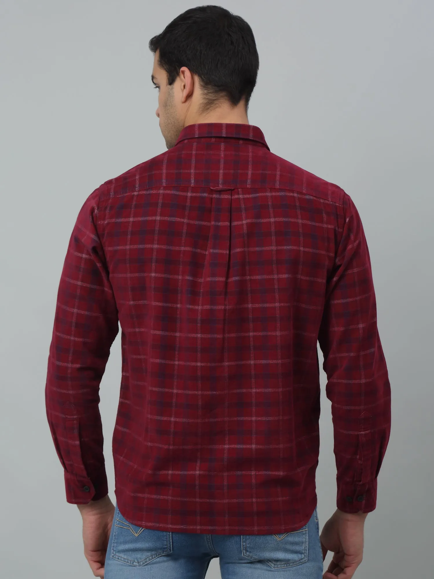 Cantabil Corduroy Red Checkered Full Sleeve Regular Fit Casual Shirt for Men with Pocket