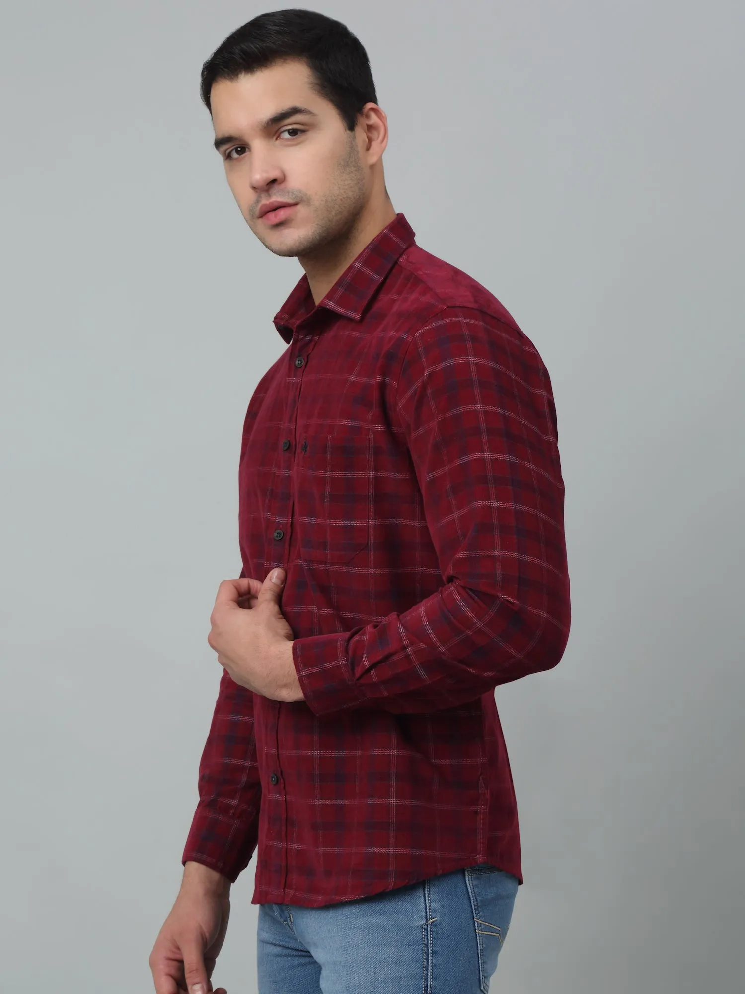 Cantabil Corduroy Red Checkered Full Sleeve Regular Fit Casual Shirt for Men with Pocket