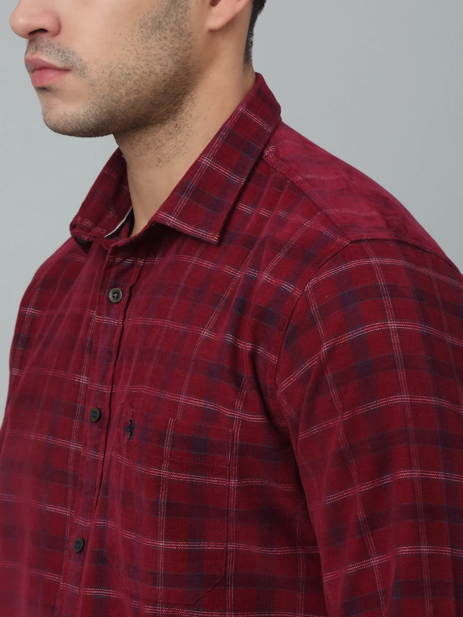 Cantabil Corduroy Red Checkered Full Sleeve Regular Fit Casual Shirt for Men with Pocket