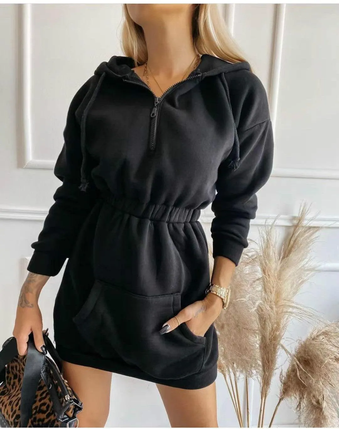 Casual Fashion Street Waistband Cap Long Sweater Dress