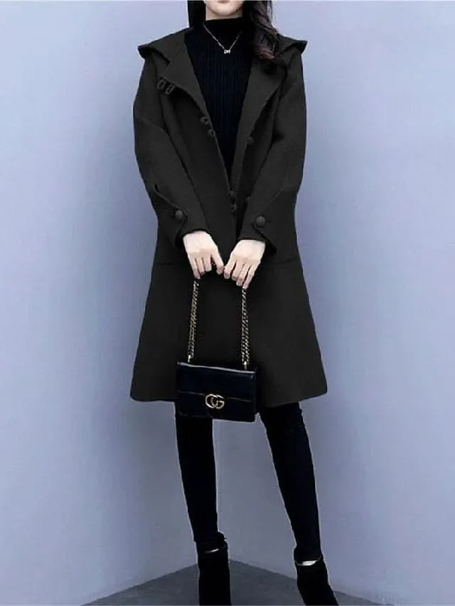 Elegant Hooded Overcoat for Women - Fall/Winter Windproof Pea Coat with Pockets