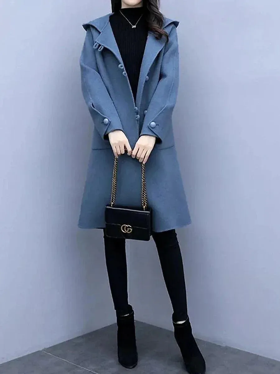 Elegant Hooded Overcoat for Women - Fall/Winter Windproof Pea Coat with Pockets