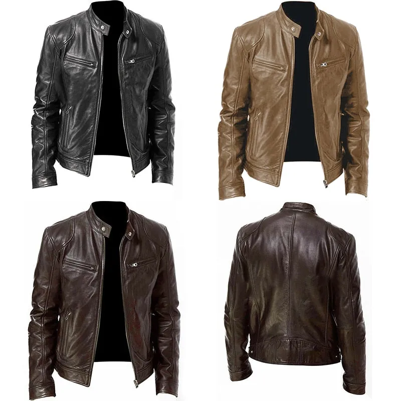 Men Slim PU Leather Oblique Zipper Motorcycle Jackets