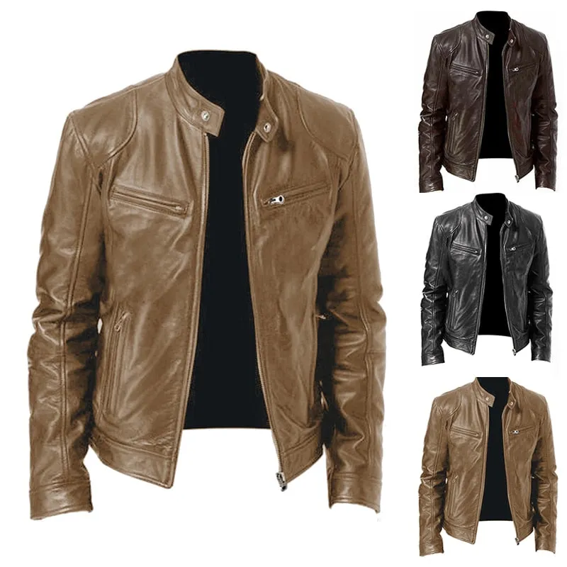 Men Slim PU Leather Oblique Zipper Motorcycle Jackets