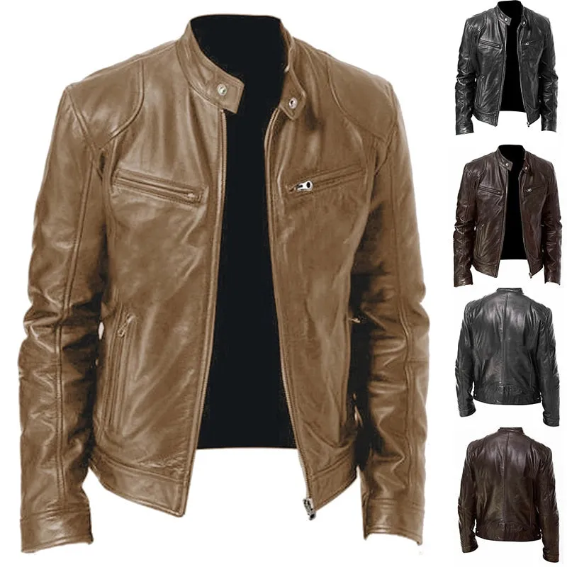 Men Slim PU Leather Oblique Zipper Motorcycle Jackets