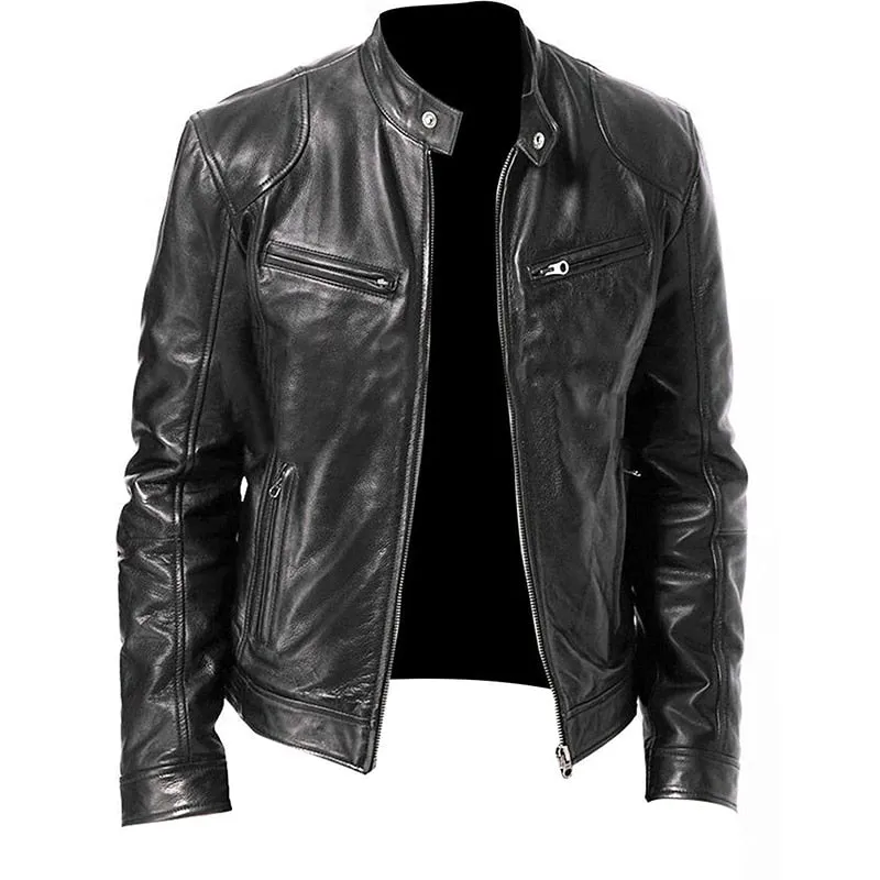 Men Slim PU Leather Oblique Zipper Motorcycle Jackets