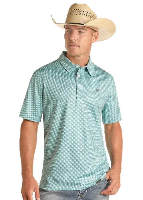 'Panhandle' Men's Geo Print Performance Knit Polo - Turquoise